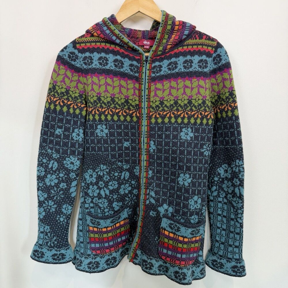 IVKO Sweater Cardigan Women Small 36 Hooded Floral Wool Colorful Hippie Full Zip